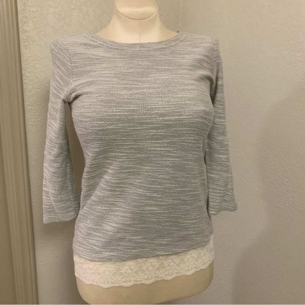 LOFT S Marled Gray Knit Sweater with Lace Trim Casual Ann Taylor Scoop Neck